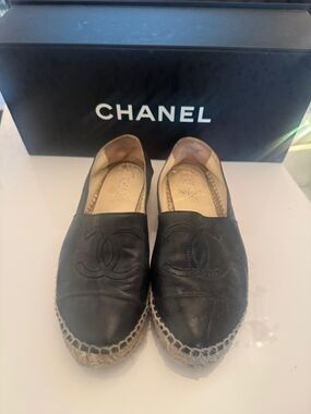 Chanel Black Leather Espadrille Flats